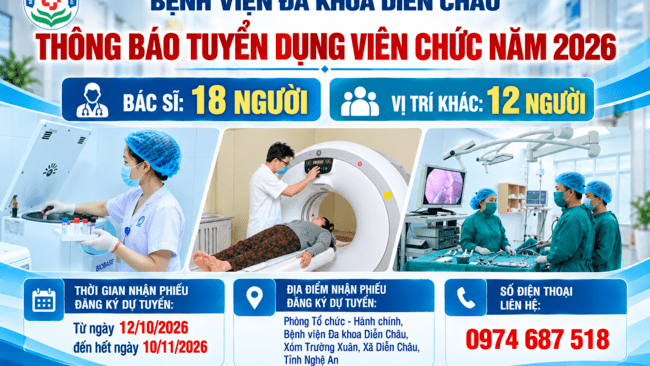 BỆNH VIỆN ĐA KHOA DIỄN CHÂU THÔNG BÁO TUYỂN DỤNG VIÊN CHỨC NĂM 2026.